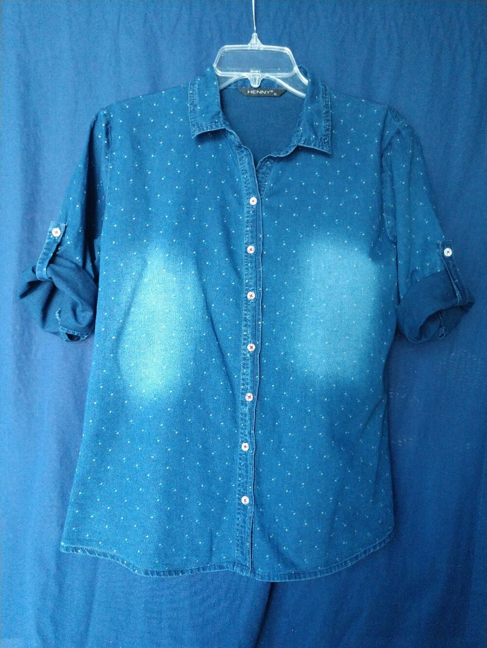 Henny Women's Chambray Shirt Ditzy Micro Floral Print Blue Junior XL Chest 38"
